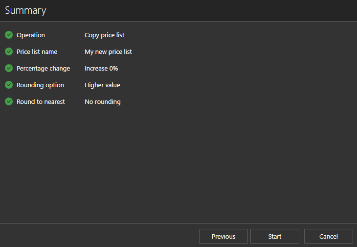 Price list wizard summary page