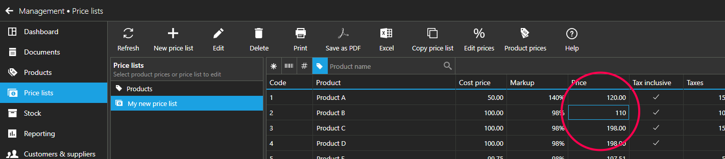 Edit prics in price list grid