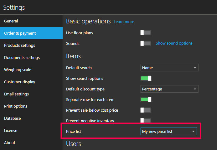 Assign price list in settings