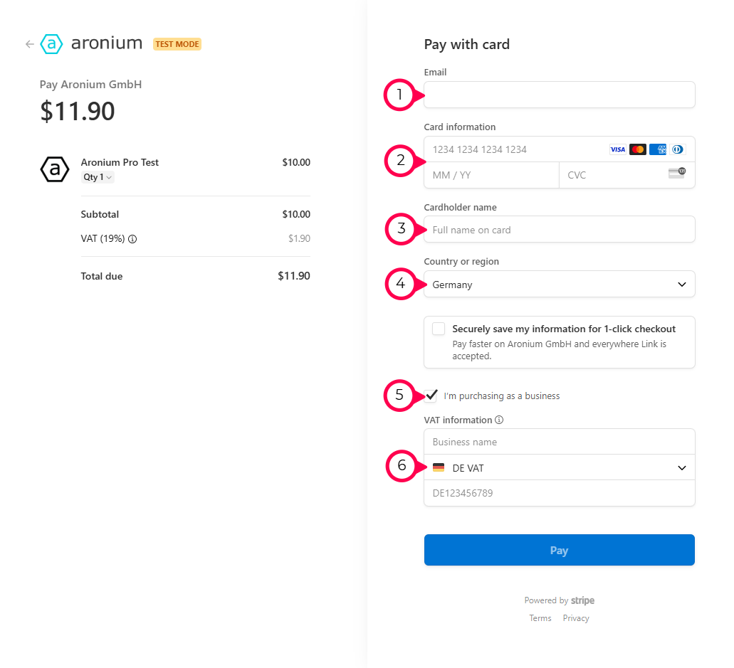 Complete payment on Stripe checkout page