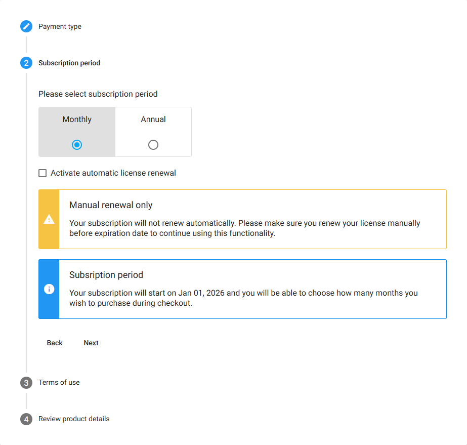Select license or subscription period