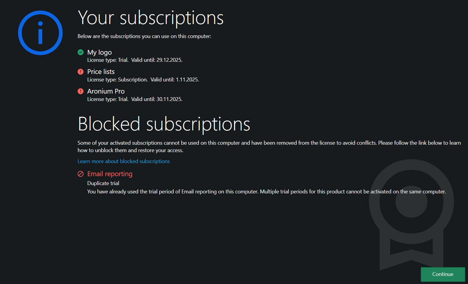 Blocked subscriptions screen