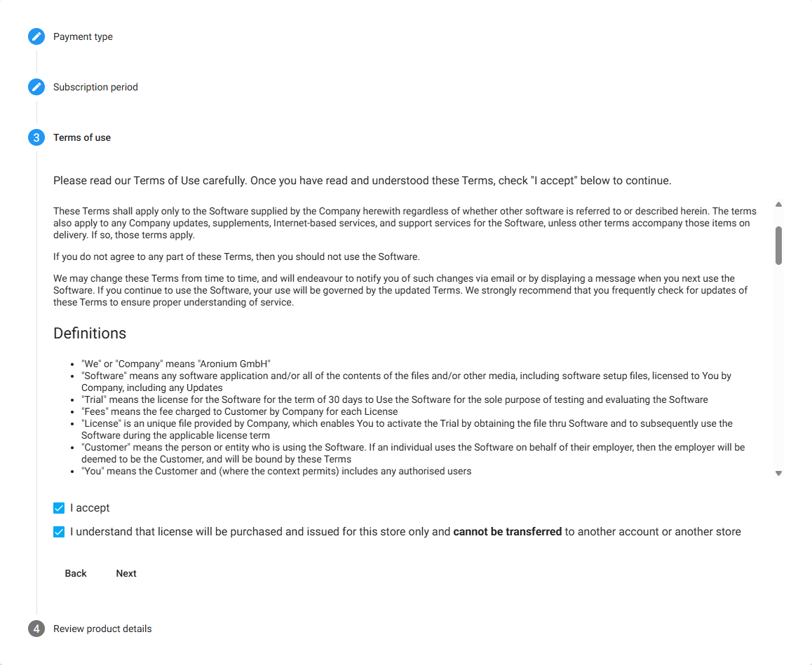 Review a d accept Terms of Use