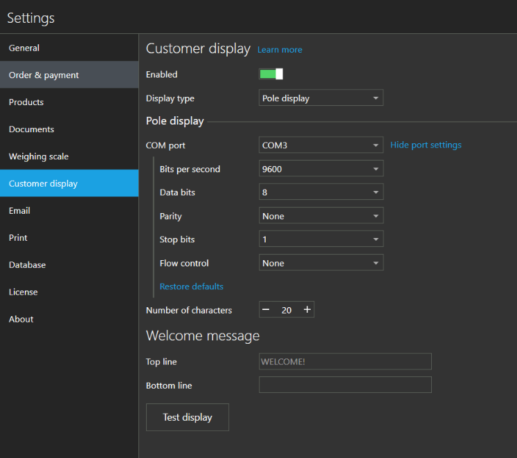 Pole display port settings