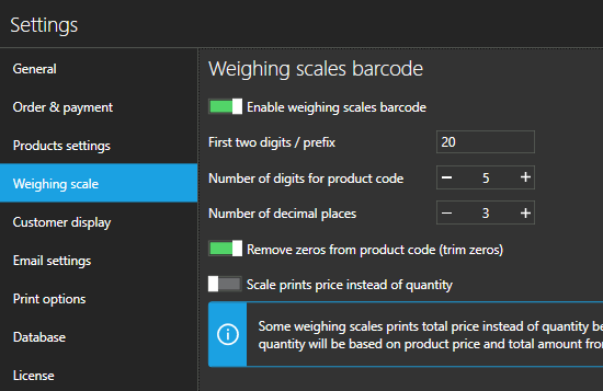 Weighing scale example settings